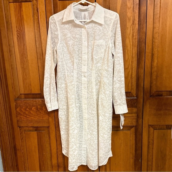 Pell & Co. Creamy White Graphic Silk Blend Buttondown Longsleeved Dress NWT S 4 - Picture 2 of 11